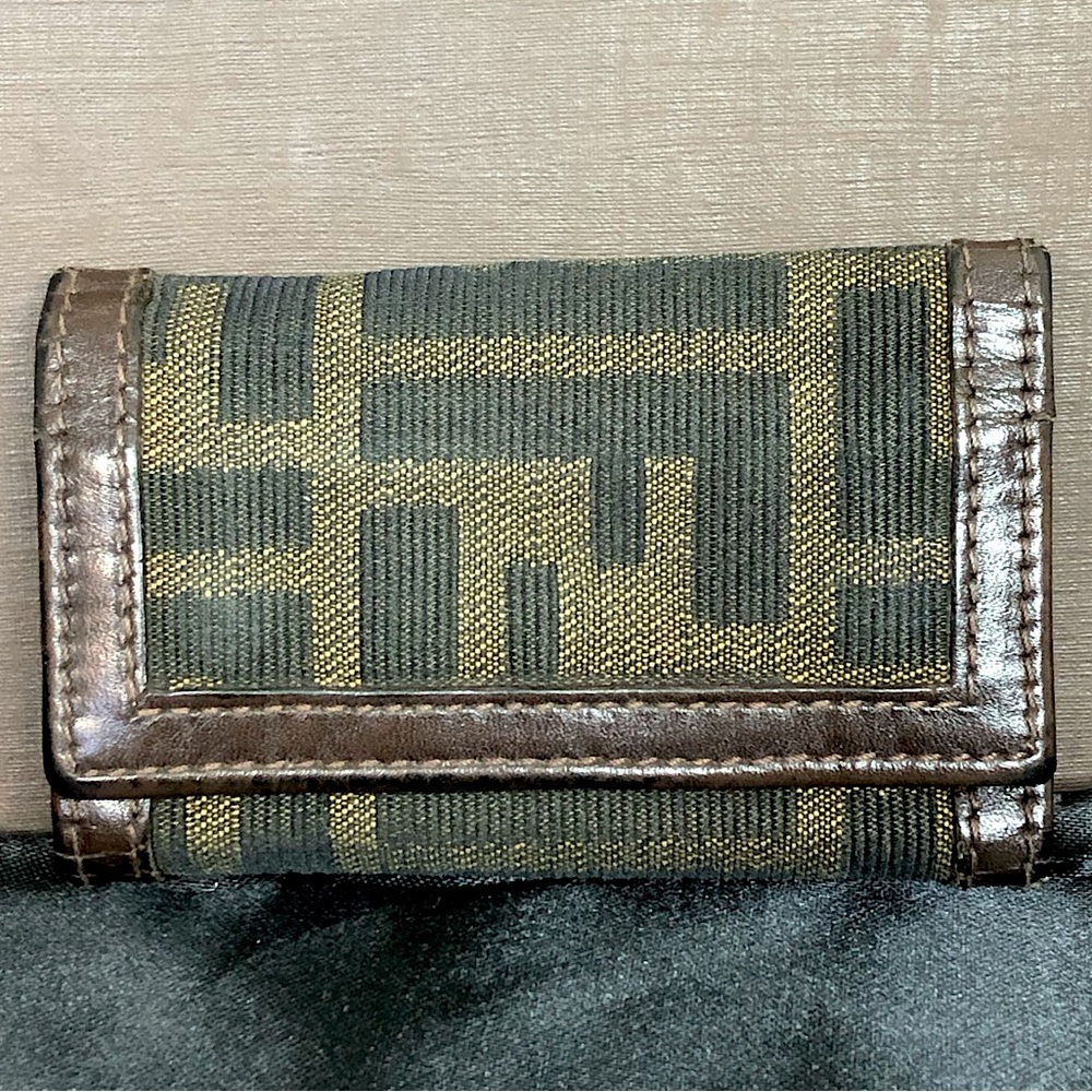 FENDI Zucca Navy Canvas Brown Leather Trim Snap Trifold Keycase